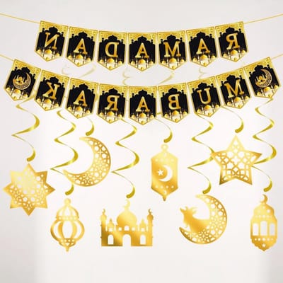 Complete Decoratieset voor Ramadan en Eid - 8 Stuks met Banner en Sterren- en Maanversiering voor Binnen en Buiten