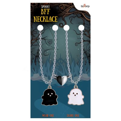 Bixorp Friends BFF Ketting voor 2 met Spookjes & Hartje - Magnetische Vriendschapsketting - Cadeau voor Beste Vrienden - Zilver met Dubbele Hangers - 45+5cm