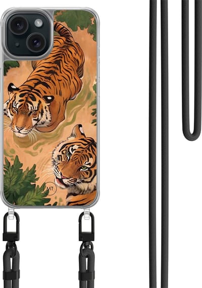 Hoesje met koord geschikt voor iPhone 15 - Wild tigers - Inclusief zwart koord - Crossbody beschermhoes - Transparant, Oranje - Mooie Telefoonhoesjes