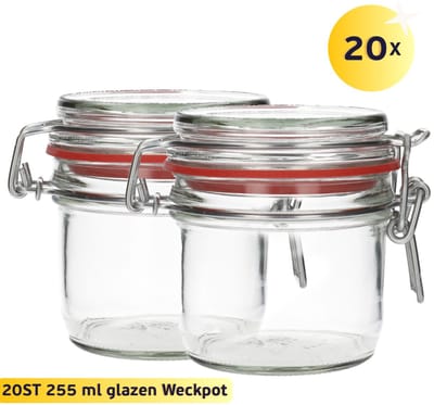 20x Glazen Weckpot 255 ml - Rond & Transparant - Inmaakpotten, Mason Jar, Weckpotten met Deksel, Confituurpotten - Hervulbaar - Glas - 20 Potten