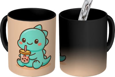 Magische Mok - Foto op Warmte Mokken - Koffiemok - Dino - Boba - kawaii - Oranje - Magic Mok - Beker - 350 ML - Theemok