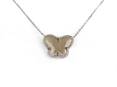 korte zilveren halsketting halssnoer collier gerhodineerd Model Vlinder met bruine steen