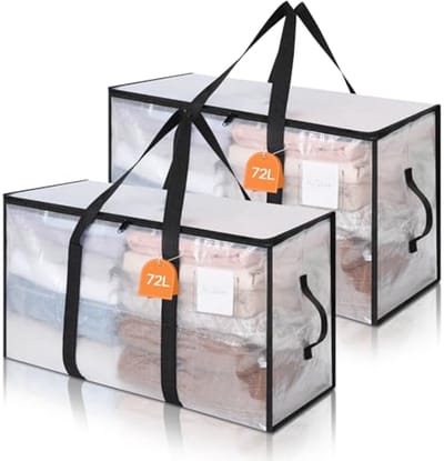 Verhuiszakken 72L - Transporteerbare Opbergdozen met Ritssluiting en Handgrepen - Transparante Dozen voor Onderbed en Kast