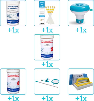Zwembad Onderhoudspakket - Onderhoud Zwembad - bevat Chloor - Testrips - Chloordrijver - PH-min - PH-plus - Schoonmaakset en Scrubborstel (7-delig)