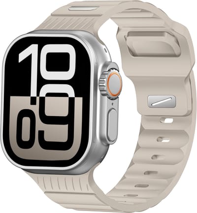 Stravo Siliconen Horlogeband met Armor-Style Look Geschikt voor Apple Watch 46mm (Series 10/11) / 45mm (Series 7/8/9) / 44mm (Series 4/5/6, SE 1/2/3) / 49mm (Ultra 1/2/3) – Extra Stevig Bandje van Liquid Silicone - Starlight