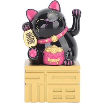 Statue Chat Porte-Bonheur Bras Agitant Alimenté Solaire Fortune Appelant Feng Shui Chinois Décor de Bureau 4 pouces Noir noir