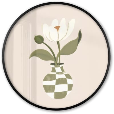 Poster in lijst Rond - Fotolijst 60x60 cm - Posters - Vaas - Geruit - Bloem - Groen - Ronde posterlijst zwart - Decoratie - Wanddecoratie woonkamer - Muurdecoratie slaapkamer