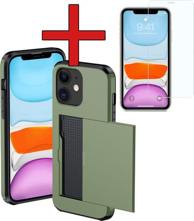Hoesje Geschikt voor iPhone 11 Hoesje Met Pasjeshouder Hard Case Met Kaarthouder Met Screenprotector - Hoes Geschikt voor iPhone 11 Hoesje Pashouder Case - Donkergroen