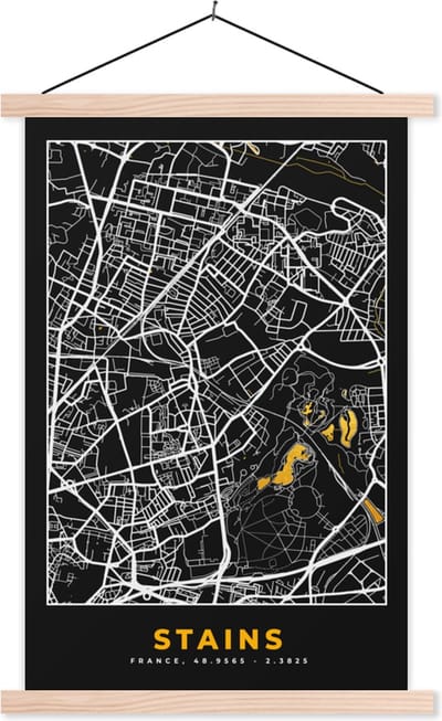Posterhanger incl. Poster 40x60 cm - Schoolplaat - Plattegrond - Stains - Kaart - Frankrijk - Stadskaart - Textielposter - Blanke latten - Stadskaart