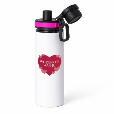 Hacebo® - We denken aan je hartje en kleine hartjes waterfles met draaidop roze - iemand die door een moeilijke tijd gaat - moeilijke tijd - ziek - koorts - snel beter worden - cadeau - beterschap cadeau - kado - water fles - 850ML