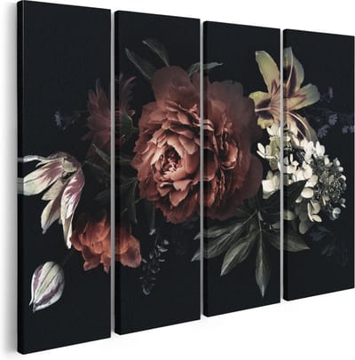 Artaza Canvas Schilderij Vierluik Bloemen Op Een Zwart Achtergrond - 160x120 - Groot - Foto Op Canvas - Canvas Print