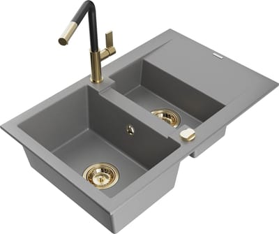 Mexen Gaspar granieten spoelbak met 1,5 kamers, afdruiprek en Flora keukenkraan, grijs - 6507-71-670401-57-G