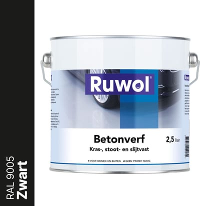 Ruwol Betonverf Zwart (RAL 9005) 2,5 liter - Voor binnen en buiten - Alle kleuren - Kras-, stoot- en slijtvaste verf voor beton en steen - Betonverf voor buiten