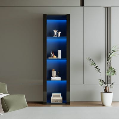 VVBV Hoogglans Vitrinekast met LED-verlichting – 3 Glazen Planken – 55x38x166 cm – Moderne Kast – Zwart