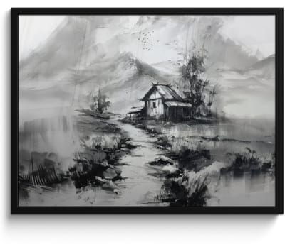 Poster in lijst - Fotolijst 80x60 cm - Posters - Hut - Grijs - Bergen - Mistig - Posterlijst zwart - Decoratie - Wanddecoratie woonkamer - Muurdecoratie slaapkamer
