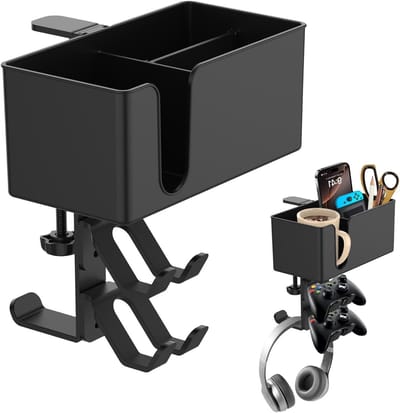5-in-1 Bureauhouder voor Koffie en Gaming Headset, Afneembare Onder-Bureau Houder, 360° Hoofdtelefoon Organizer met Haak en Multifunctionele Functies