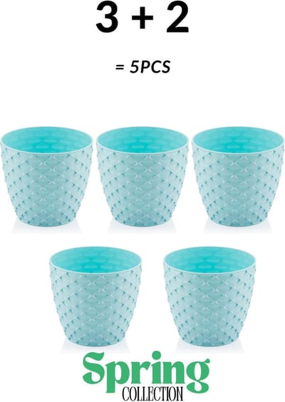 3+2 - Bloempotten - rond - licht blauw met afwatering en wateropvang - 5 ronde blauwe sierpotten