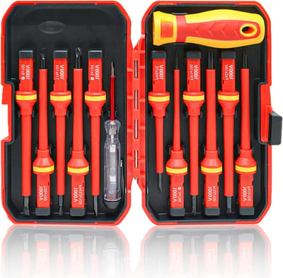 Set van 13 geïsoleerde schroevendraaiers voor elektriciens, 1000 V, inclusief slot- en torx-schroevendraaiers met spanningsmeter voor veilig monteren en demonteren van elektrische apparaten