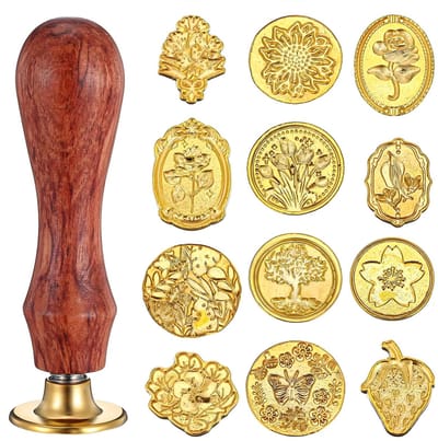 Dailygoods- Waszegelstempel 12 Stuks - Afneembare Messing Koppen - Houten Handvat - Botanische Patronen - Cadeauverpakking - Hoogwaardig Materiaal - Zegelstempel