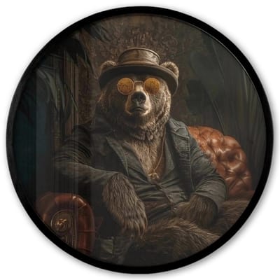 Poster in lijst Rond - Fotolijst 40x40 cm - Posters - Beer - Bruin - Pak - Hoed - Ronde posterlijst zwart - Decoratie - Wanddecoratie woonkamer - Muurdecoratie slaapkamer
