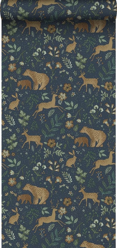 ESTAhome behang bos met bosdieren donkerblauw en beige - 53 cm x 10.05 m - 139588