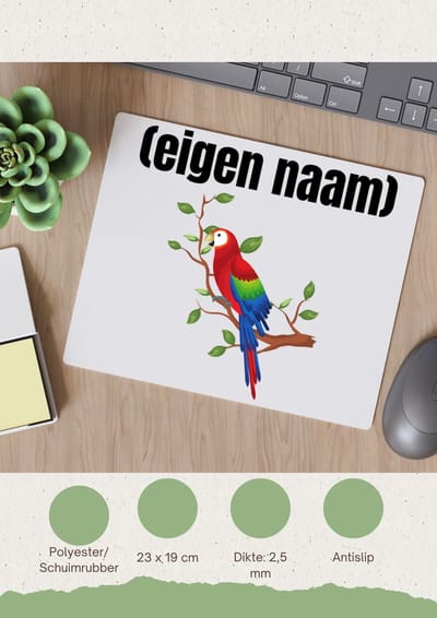 Akyol - papegaai op een tak met eigen naam Muismat - Papegaai - papegaai liefhebbers - iemand die houdt van papegaaien - verjaardag - cadeau - kado - 23 bij 19 cm