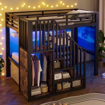 Hoogslaper 90x200 - Metalen Bed LED Opbergtrap Gitter Opbergstang - Zwart - Multifunctioneel Bed Zonder Matras