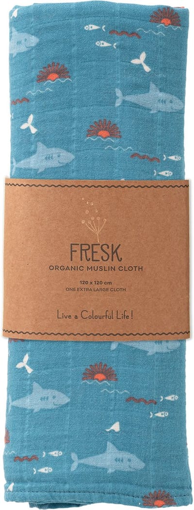 Fresk Hydrofiele Doek – 120 x 120 cm - Spuugdoekjes - Babyverzorging - 1 stuk - Ademend en Absorberend - Babyspullen - Blauw - Shark