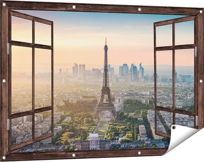 Gards Tuinposter Doorkijk Skyline van Parijs met de Eiffeltoren - 120x80 cm - Tuindoek - Tuindecoratie - Wanddecoratie buiten - Tuinschilderij