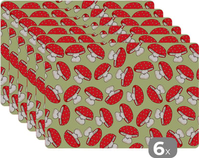 Placemat - Placemats kunststof - Paddenstoel - Rood - Patronen - 45x30 cm - 6 stuks - Hittebestendig - Anti-Slip - Onderlegger - Afneembaar