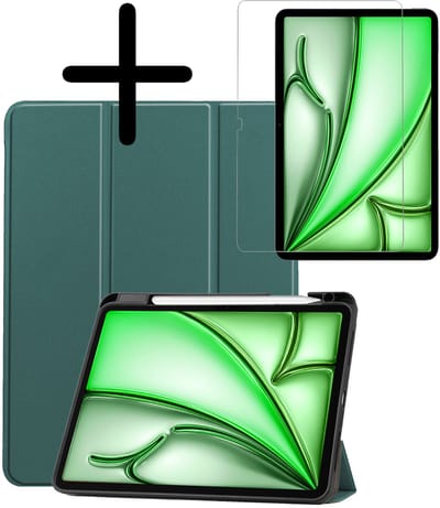 Hoesje Geschikt voor Apple iPad Air M3/M4 (2025/2026) - 11 inch - Met Screenprotector - Trifold Bookcase - Hard Cover Case - Met Uitsparing Geschikt voor Apple Pencil - Hardcover Book - Tablet Hoes - Donkergroen