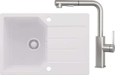 Anycee MAX Spoelbak Keuken 65x45CM - Granieten Spoelbakken Met Keukenkraan met Uittrekbare Uitloop - Onderbouw Spoelbak Wit - Met waterafvoersysteem - Voor 40 cm kast