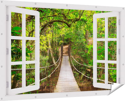 Gards Tuinposter Doorkijk Hangbrug - 180x120 cm - Tuindoek - Tuindecoratie - Wanddecoratie buiten - Tuinschilderij