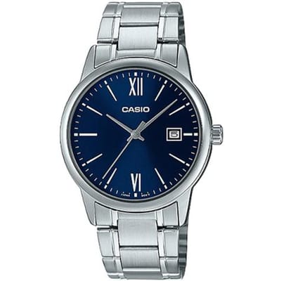 Casio STANDARD serie, eenvoudig retro klein rond horloge, zakelijke mode en vrije tijd, kwartsuurwerk, roestvrijstalen band, Japans MTP-V002D-2B3 blauw