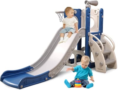 Multifunctionele kinderglijbaan 5-in-1 – veilig speeltoestel met klimmen, glijden en basketbalkorf – binnen en buiten speelplezier