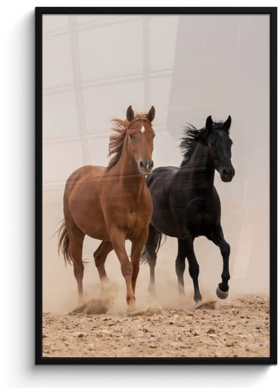 Poster in lijst - Fotolijst 80x120 cm - Posters - Kudde paarden - Stofwolk - Bruin - Zwart - Posterlijst zwart - Decoratie - Wanddecoratie woonkamer - Muurdecoratie slaapkamer