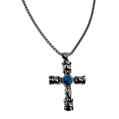 60cm x 3mm Jasseron-Ketting + 44 mm x 22 mm Kruishanger Heren - Gepolijst RVS - Koninklijk Kruis met Turquoise Steen met Ketting