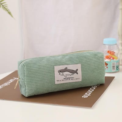 Schattig Corduroy Etui Kleine Haai Borduurwerk Pennenzak Pouch Cadeau voor Meisjes&Kinderen School Kantoor Schrijfwaren Organizer Benodigdheden groen