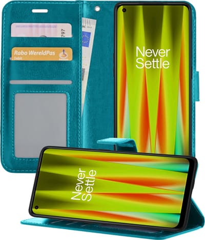 Hoesje - Met Pasjeshouder - Geschikt voor OnePlus Nord CE 2 - Luxe Bookcase Portemonee - Flip Case - Kunstleer Book Case - Flipcase - Book Cover - Walletcase - Portemonneehoes - Telefoonhoesjes - Turquoise