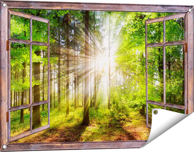 Gards Tuinposter Doorkijk Bos met Zon tussen de Bomen - 90x60 cm - Tuindoek - Tuindecoratie - Wanddecoratie buiten - Tuinschilderij