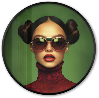 Poster in lijst Rond - Fotolijst 60x60 cm - Posters - Vrouw - Groen - Bril - Aesthetic - Modern - Ronde posterlijst zwart - Decoratie - Wanddecoratie woonkamer - Muurdecoratie slaapkamer