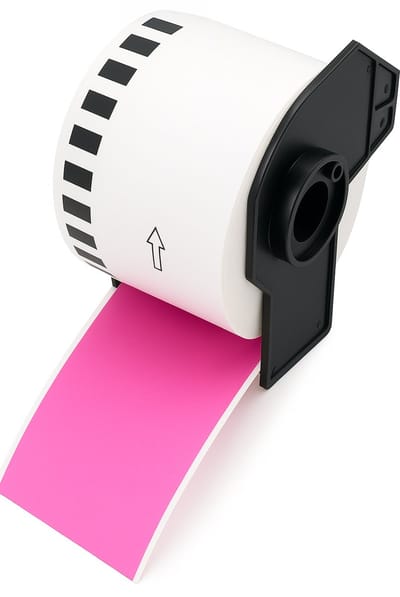 Boxstuff - Brother DK-22205 compatibele labelrollen - 62 mm x 30,48 meter - Inclusief rolhouder - Zwart op Roze - 1 stuks