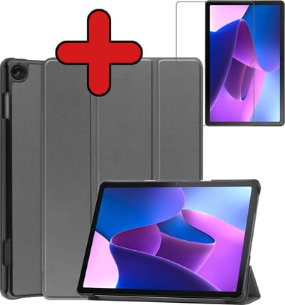 Hoesje - Geschikt voor Lenovo Tab M10 (3e / 3rd generatie) - Met Screenprotector - Hardcover Book Case - Trifold Bookcase Hoes - Hard Cover - Tablethoes - Grijs