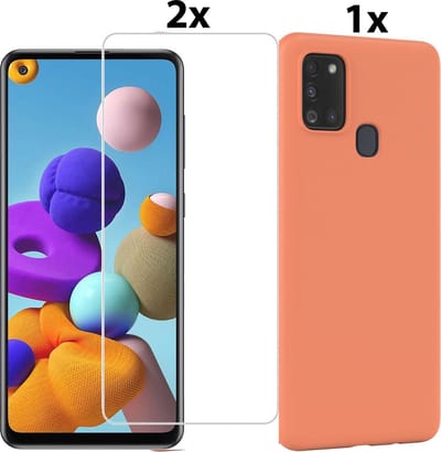 Hoesje Geschikt Voor Samsung Galaxy A21s Hoesje Soft Nano Silicone Backcover Gel Oranje Met 2x Glazen Screenprotector