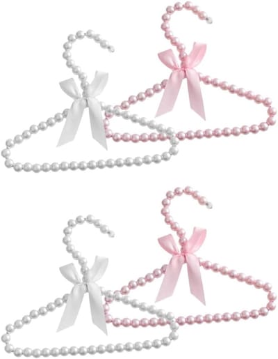 Mini Beaded Hangers voor Kinderen - 4 Stuks, Non-Slip Kledinghangers met Ribbons voor Baby- en Kinderkleding, 20 cm, Wit en Roze, Ideaal voor Broeken en Accessoires
