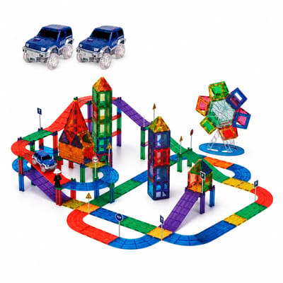 Magnetic tiles racebaan - 110 stuks - Magnetische tegels - Speelgoed - Travel set - Constructiespeelgoed - Magneet tegels - Montessori - Met 2 magna auto's
