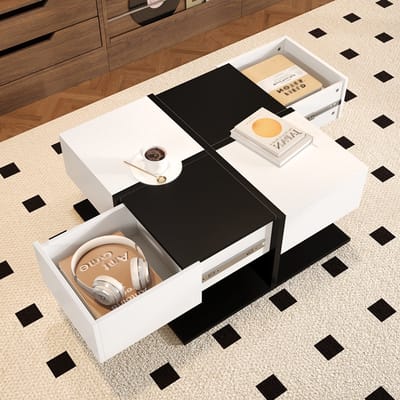 Pugsdrly Moderne zwart-witte salontafel 70 × 70 × 35,5 cm met 2 lades, vierkante salontafel met opbergruimte, glanzende salontafel met soft-close lades