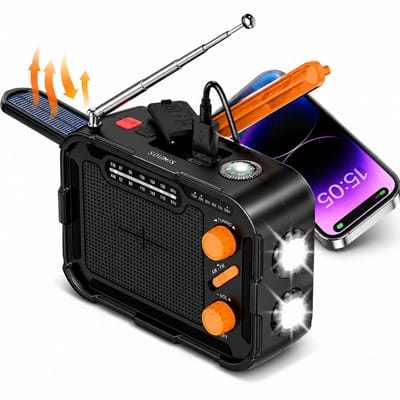 Sounix Noodradio Solar Opwindbaar - 5000mAh Powerbank Zonneenergie - Radio Opwindbaar - FM/AM - LED lamp - Zonne-energie/Handmatige energieopwekking - Oranje/Zwart