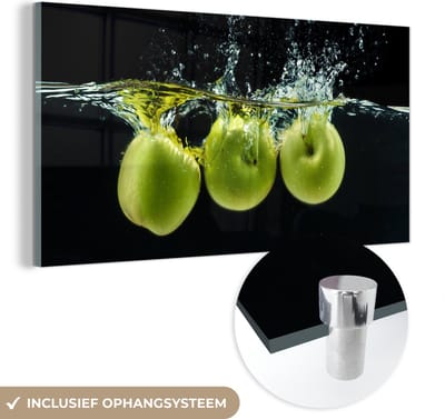 MuchoWow® Glasschilderij 120x60 cm - Schilderij acrylglas - Appels - Fruit - Water - Zwart - Groen - Foto op glas - Schilderijen