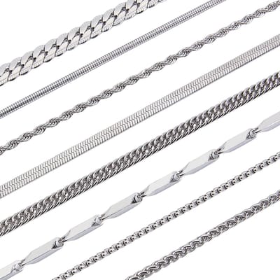 Dailygoods- Ketting Set 8 Stuks - Roestvrij Stalen Kettingen - Zilverkleurige Kettingen - Cubaanse/Touw/Platte Kettingen - 55 cm - Comfortabel en Krasbestendig - Sieraden